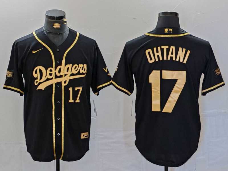 Mens Los Angeles Dodgers #17 Shohei Ohtani Number Black Gold World Series Champions Cool Base Stitched Jersey